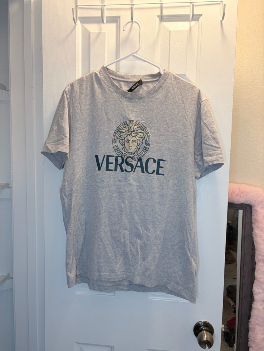 Versace Light Gray Tee with Dark Teal Medusa Logo